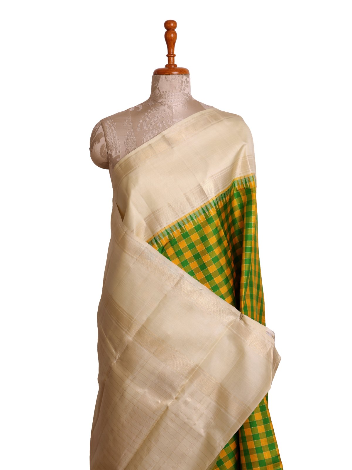 Green & Yellow Checked Kanjeevaram Silk Saree with Beige Border 