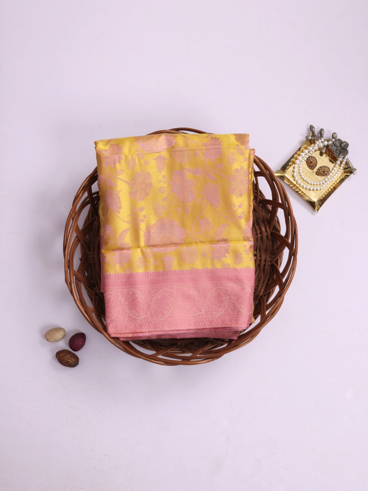 Pinkish Yellow Tanchoi Silk Saree 