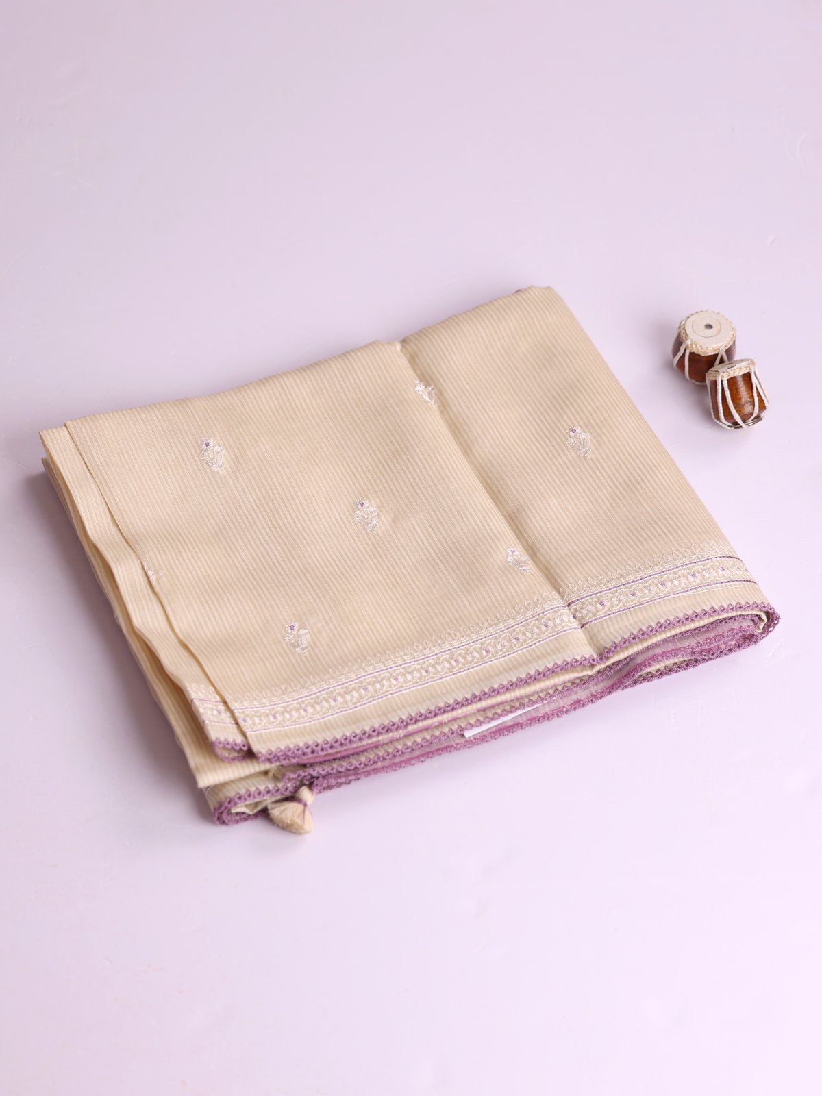 Beige And Cream Striped Munga Tussar Silk Saree With Embroidery