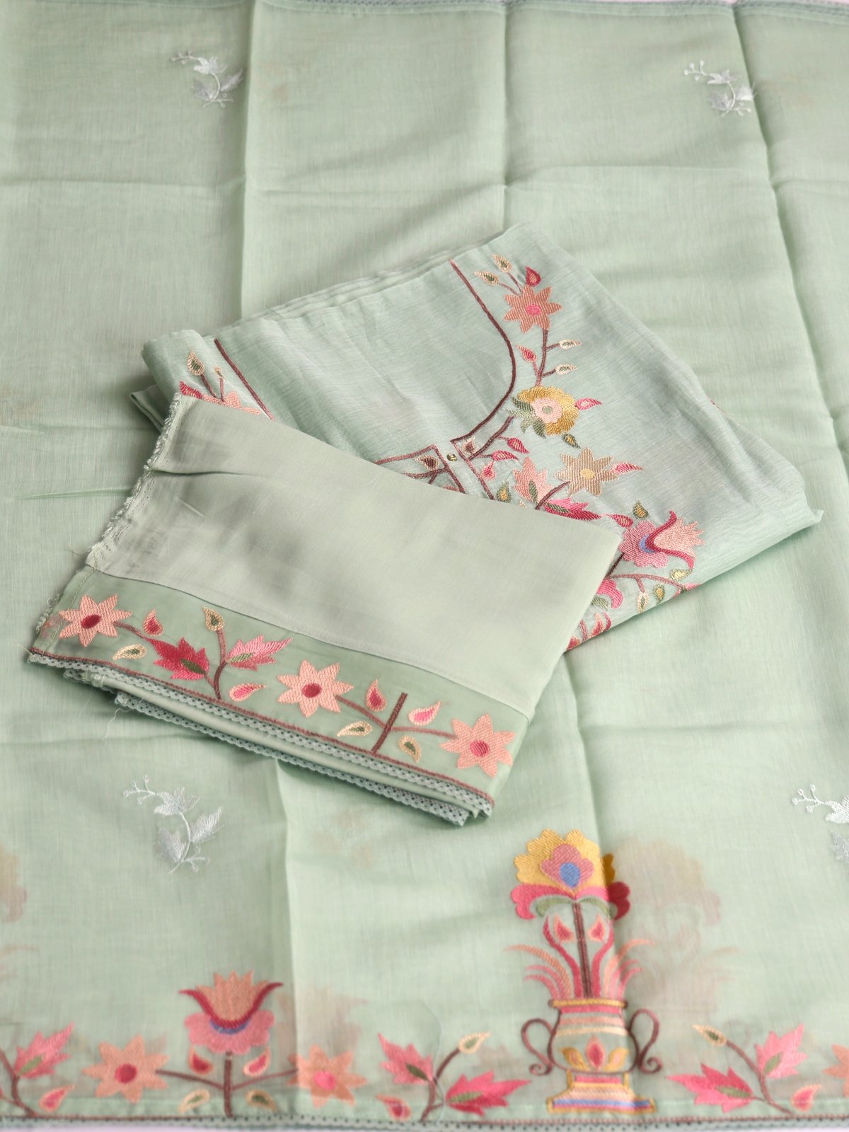Light Green Embroidered Mul Chanderi Cotton Salwar Material