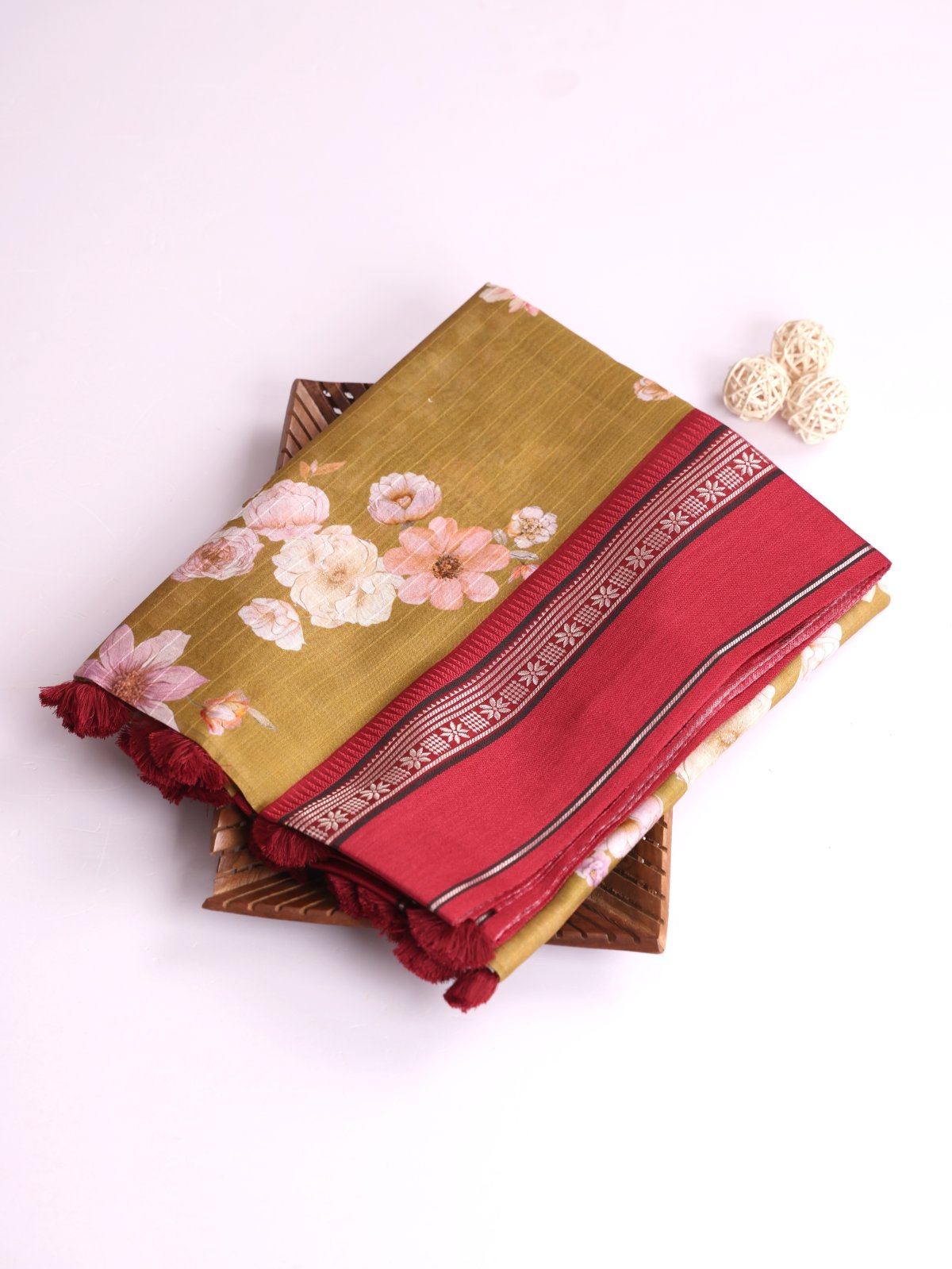 Golden Brown Printed Chanderi Cotton Saree With Maroon Vidarbha Border