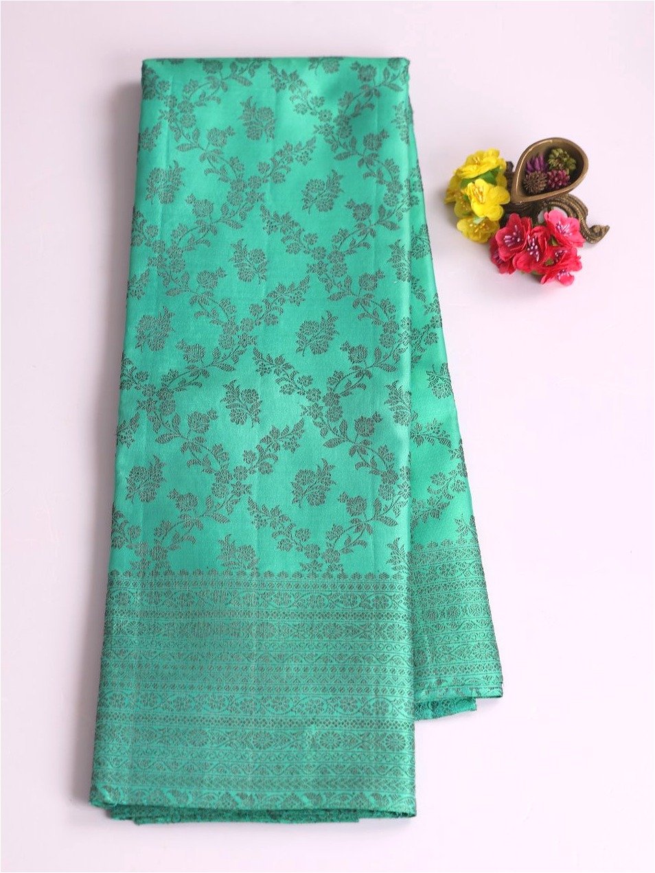 Light Bluish Green Kanjeevaram Silk Saree With Antique Zari