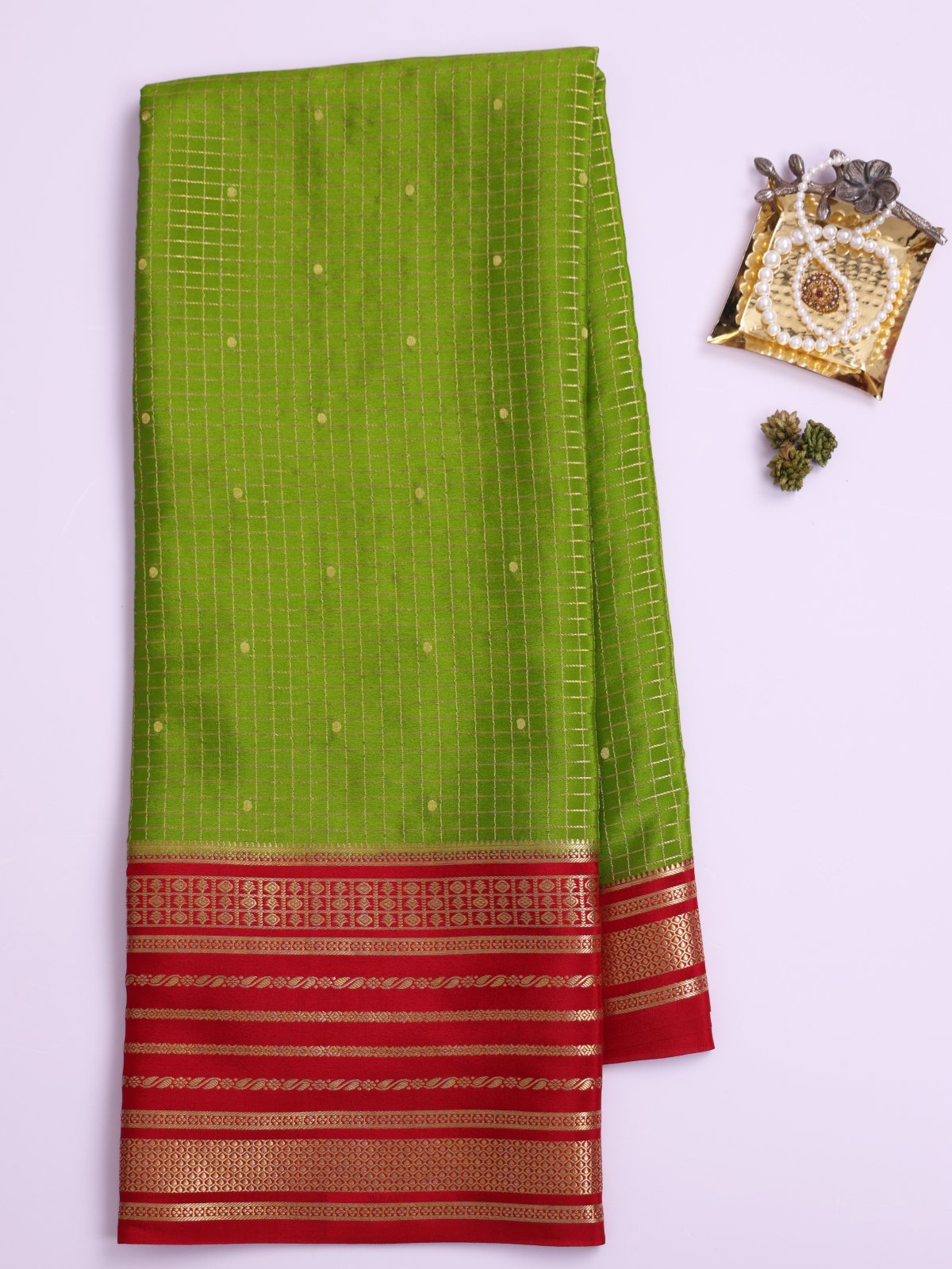Mehndi Green Zari Checked Mysore Silk Saree With Red Border