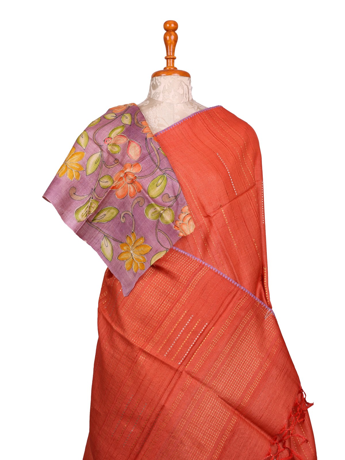 Rust Orange Zari Striped Tussar Silk Saree With Kalamkari Blouse