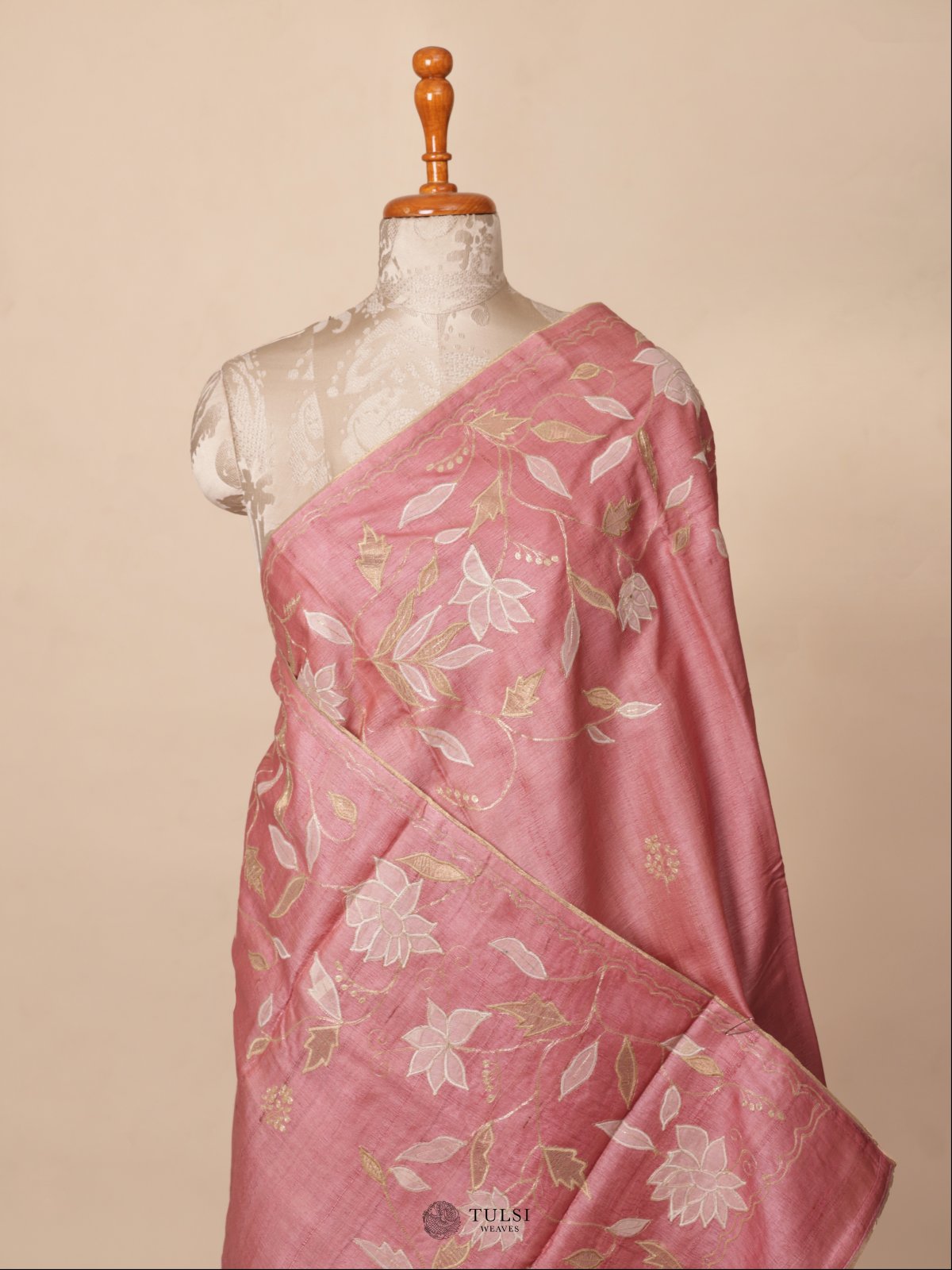 Pink Tussar Silk Saree with Applique Work