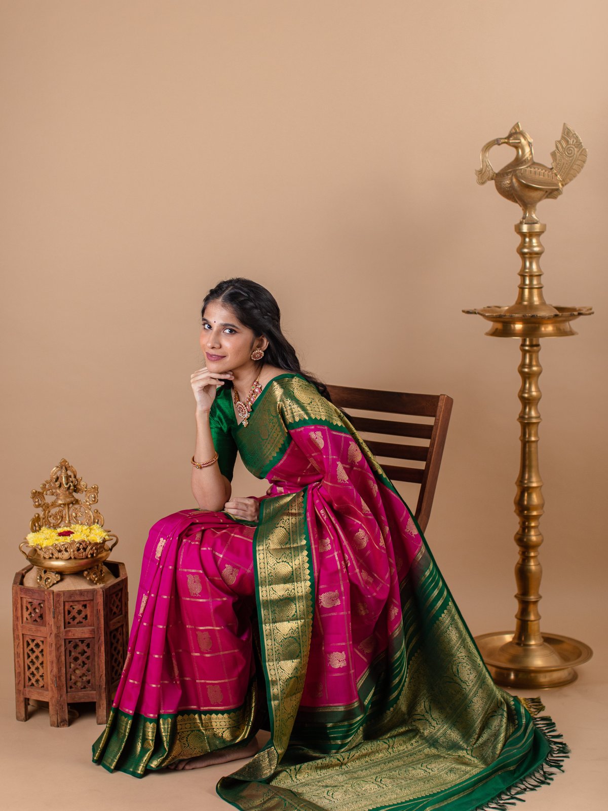 Checked Rani Pink Kanjeevaram Silk Saree With Green Border