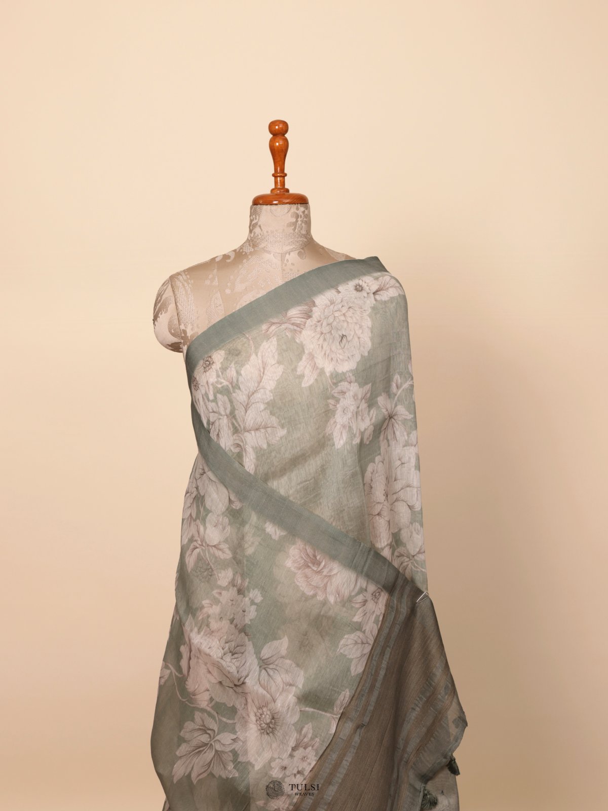 Green Printed Linen Saree