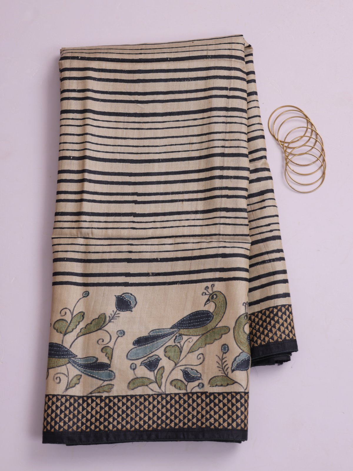 Beige Printed Tussar Silk Saree with Kantha Embroidery