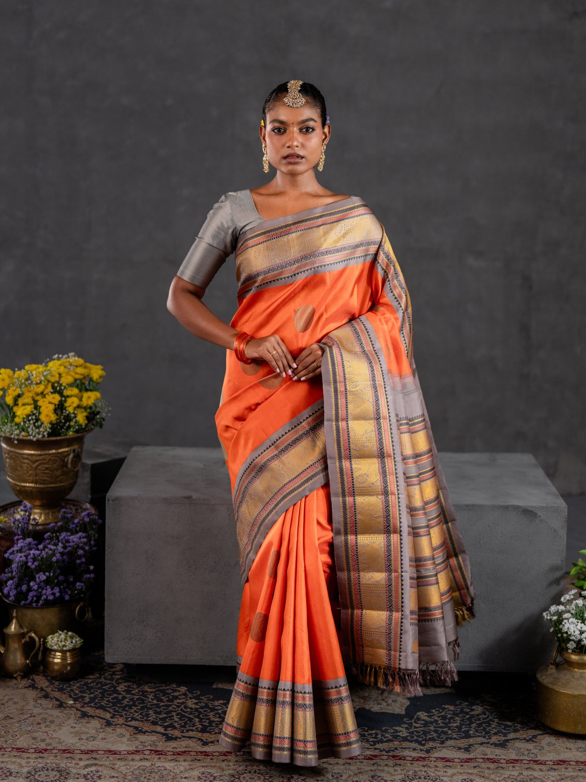 Crafted 32 - Orange Kanjeevaram Silk Saree With Grey Pattupettu Border