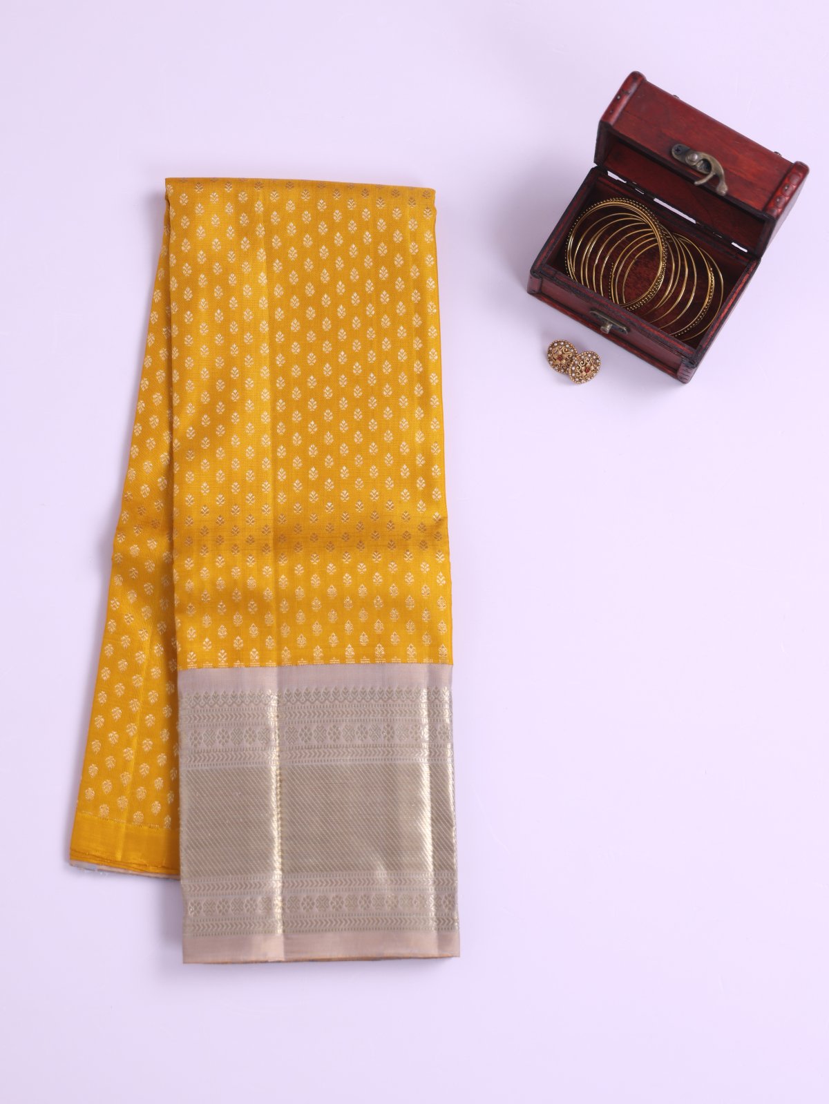 Mustard Yellow Kanjeevaram Silk Pavadai With Greige Border