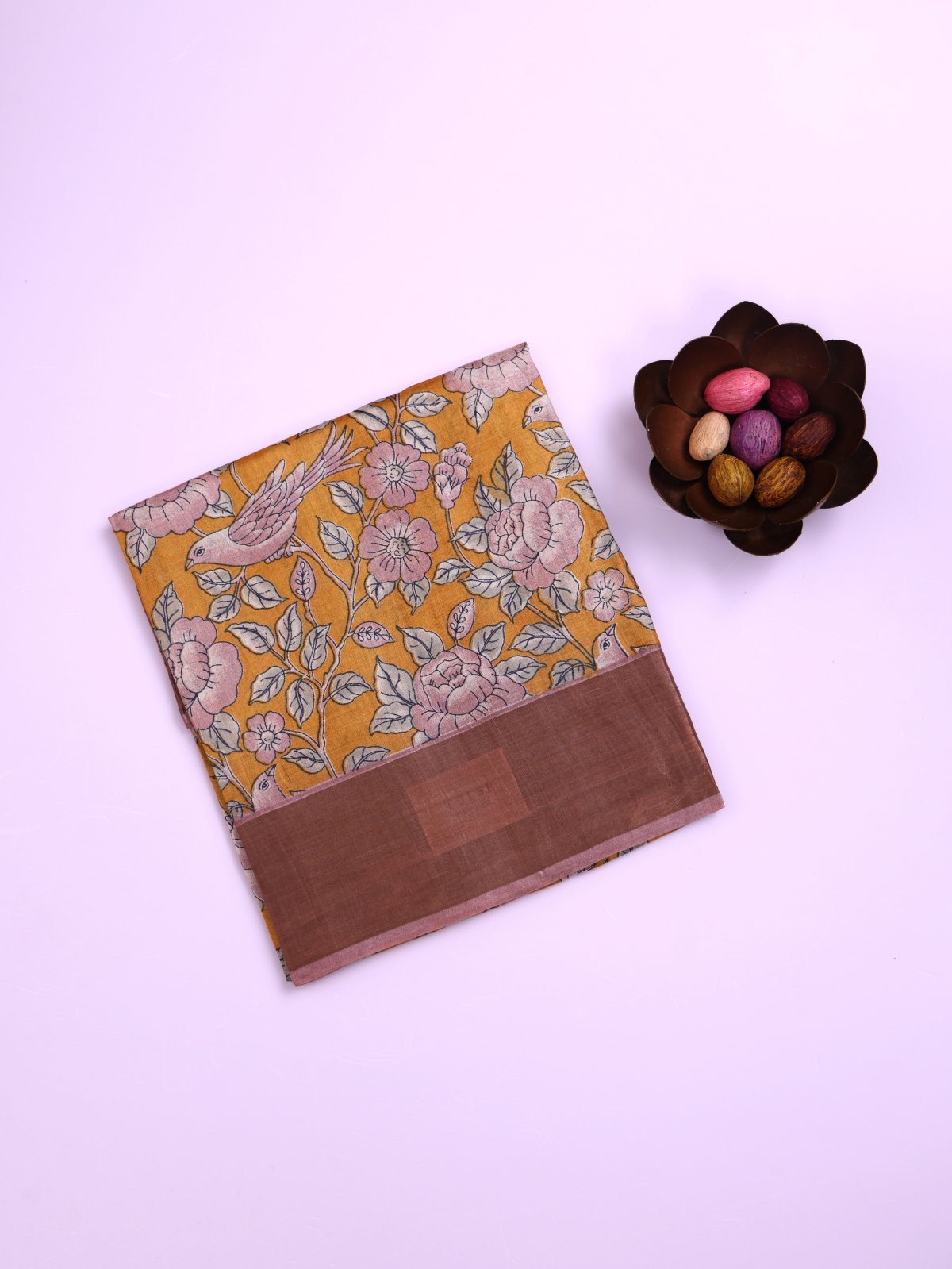 Mustard Printed Tussar Silk Saree with Greyish Pink Border