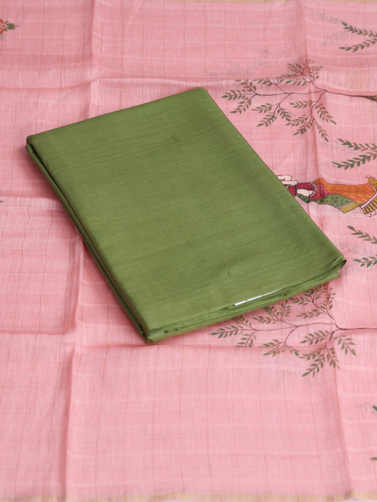 Mehndi Green Tussar Salwar Material With  Hand Painted Dupatta