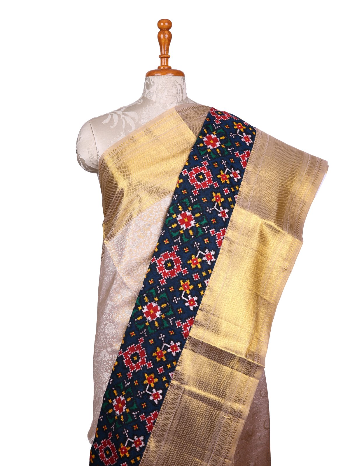 Beige Tissue Brocade Kanjeevaram Silk Saree With Peacock Blue Border