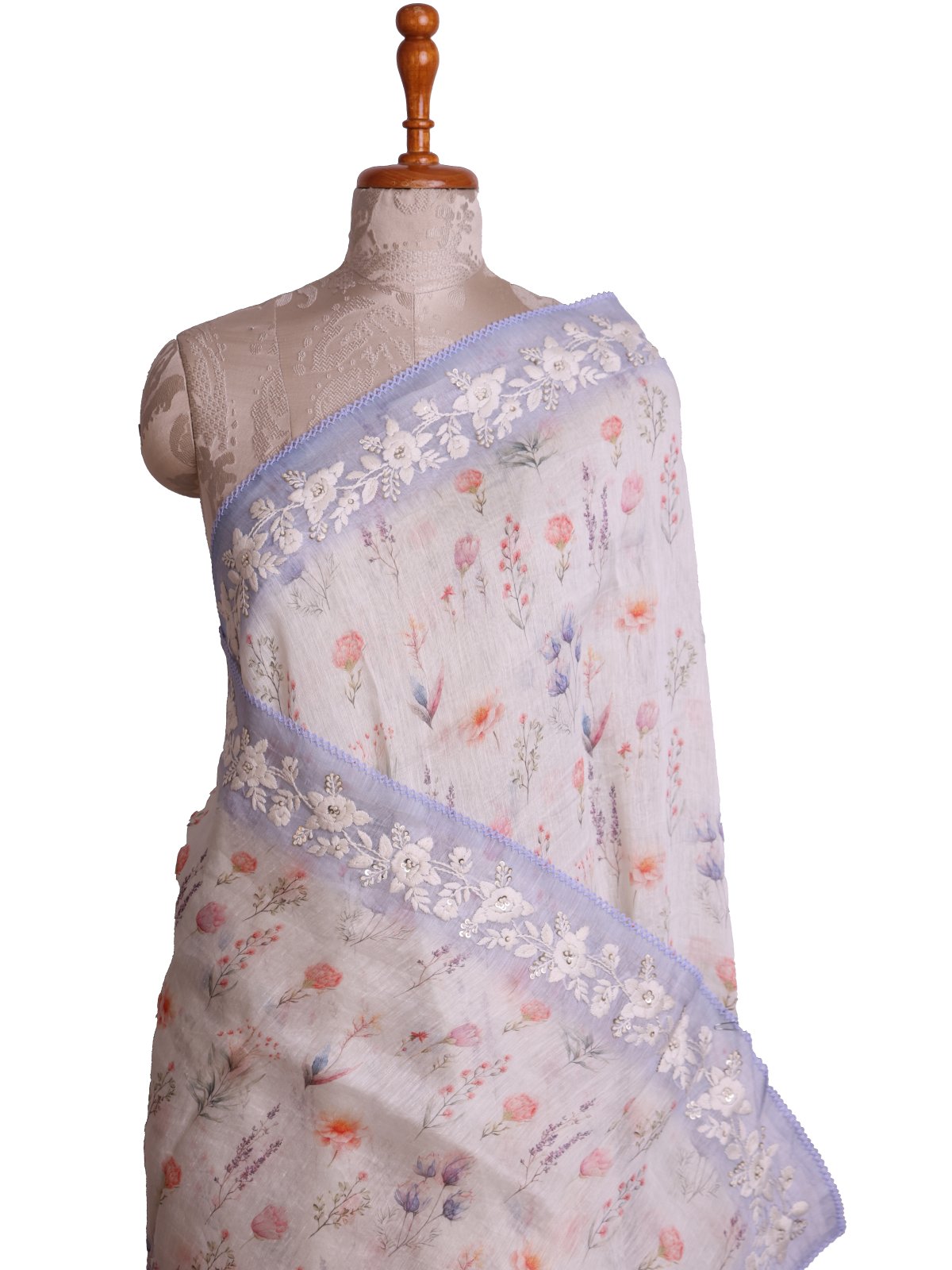 Off-White Linen Saree With Light Purplish Blue Embroidery Border