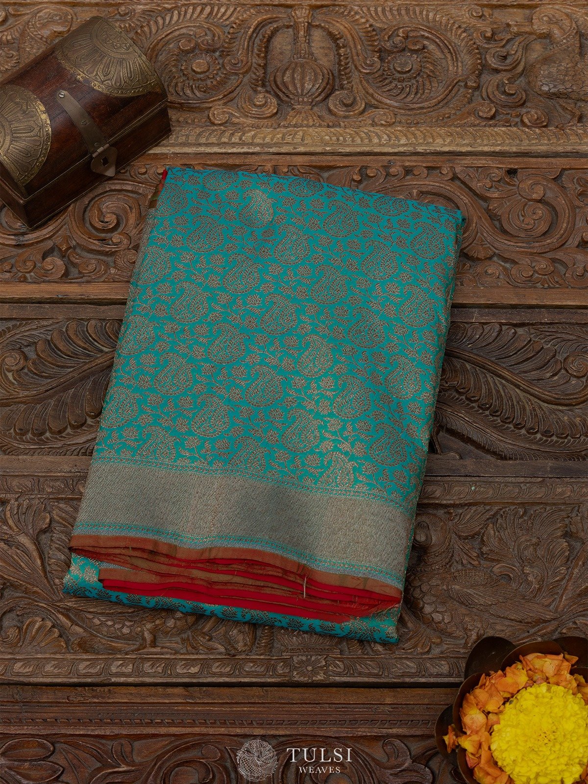 Teal Green Banarasi Silk Saree with Self Zari Border