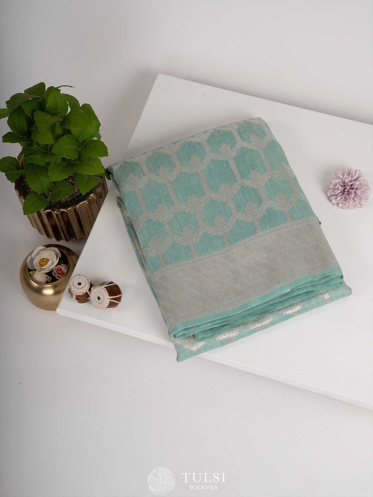 Powder Blue Woven Linen Saree with Zari Border