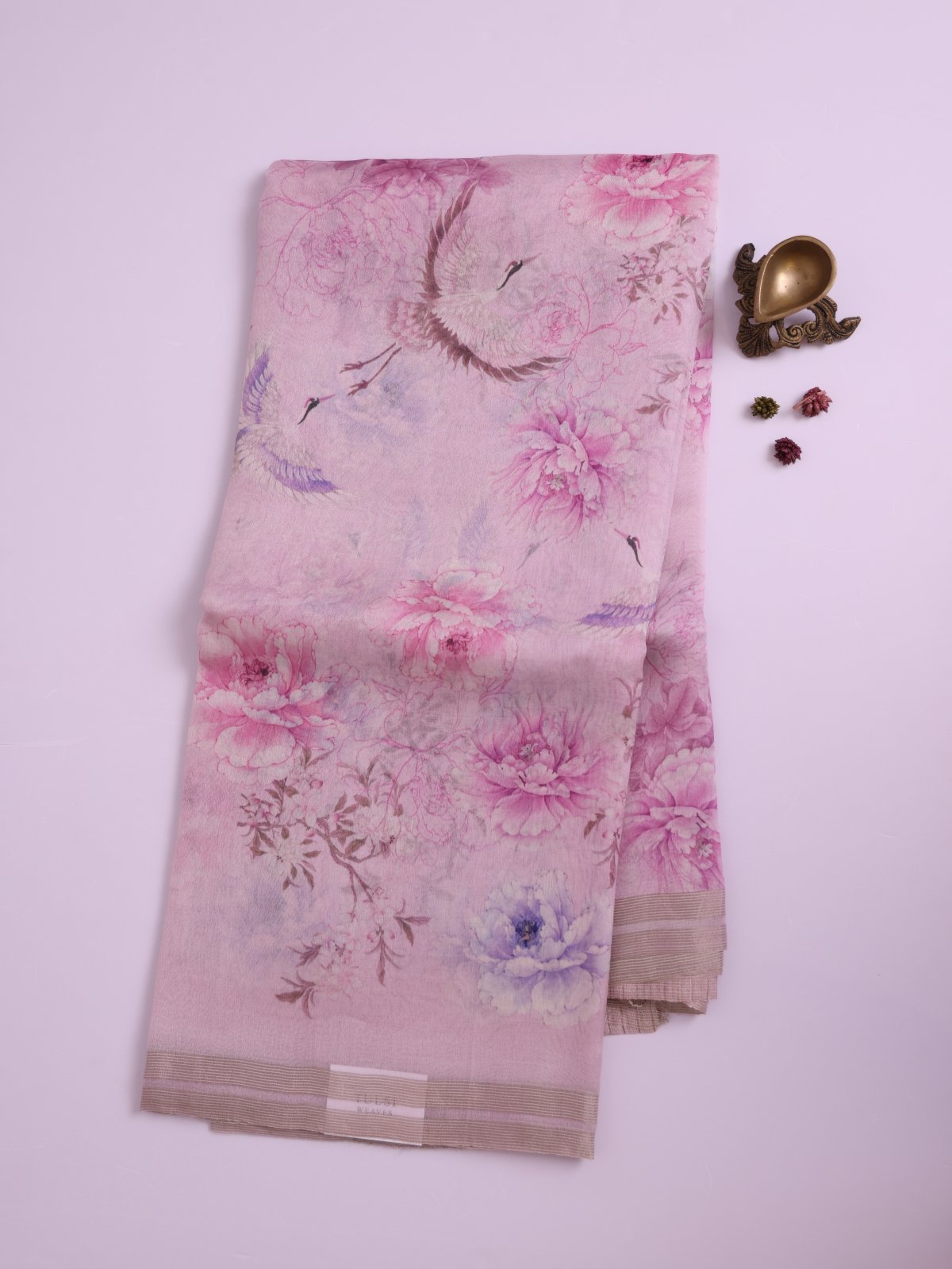 Baby Pink Printed Organza Silk Saree with Jamdani Pallu