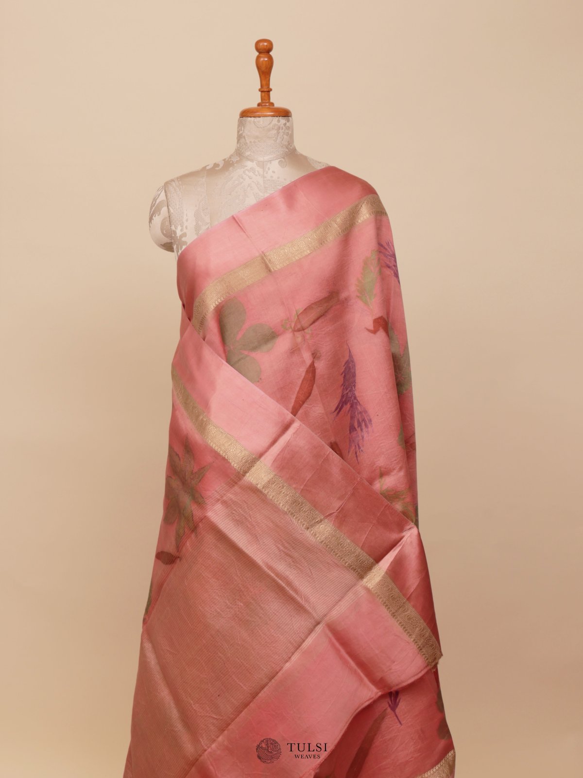Peach Munga Tussar Silk Saree With Satin Border
