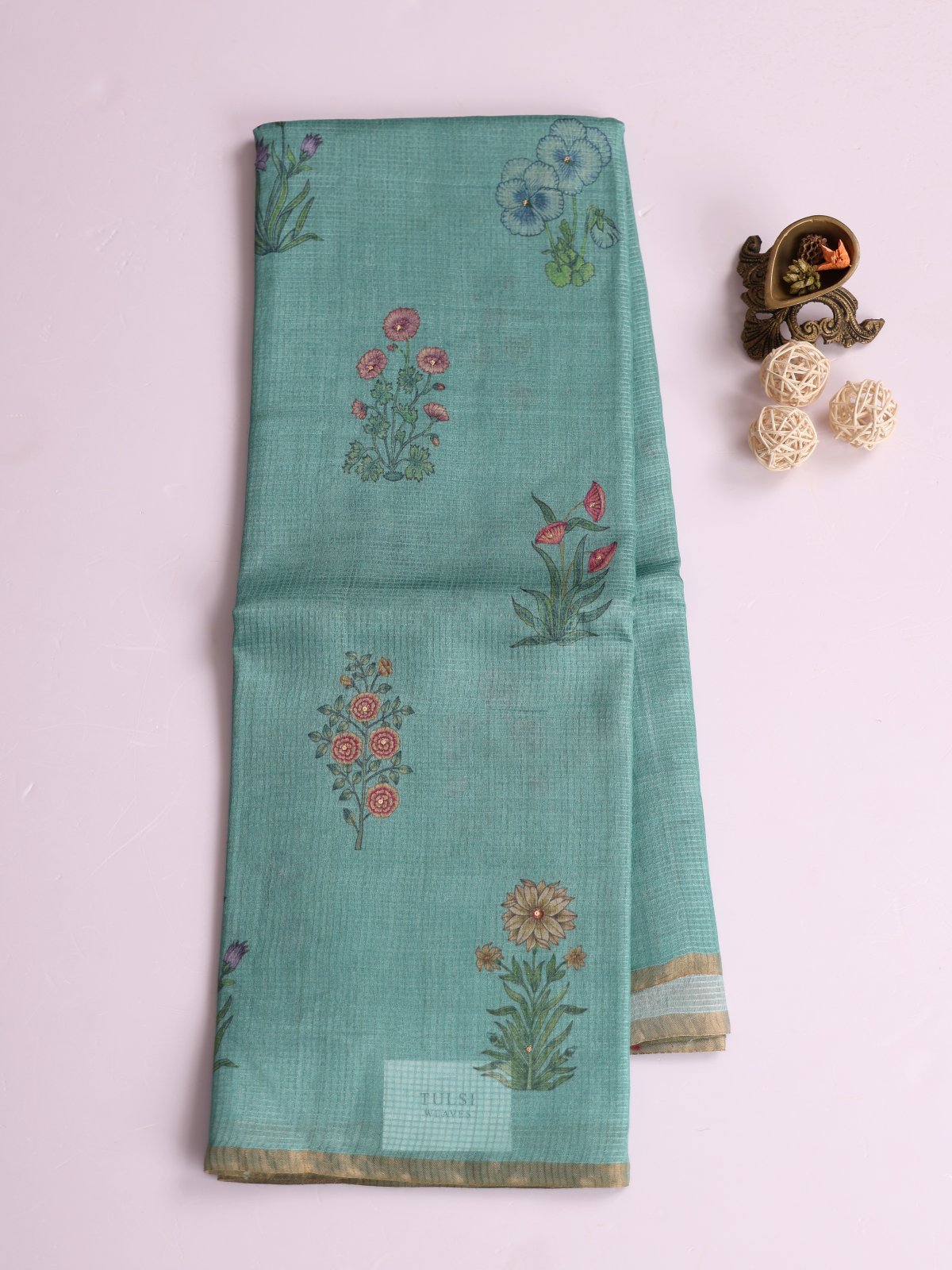 Light Greenish Blue Printed Tussar Silk Saree