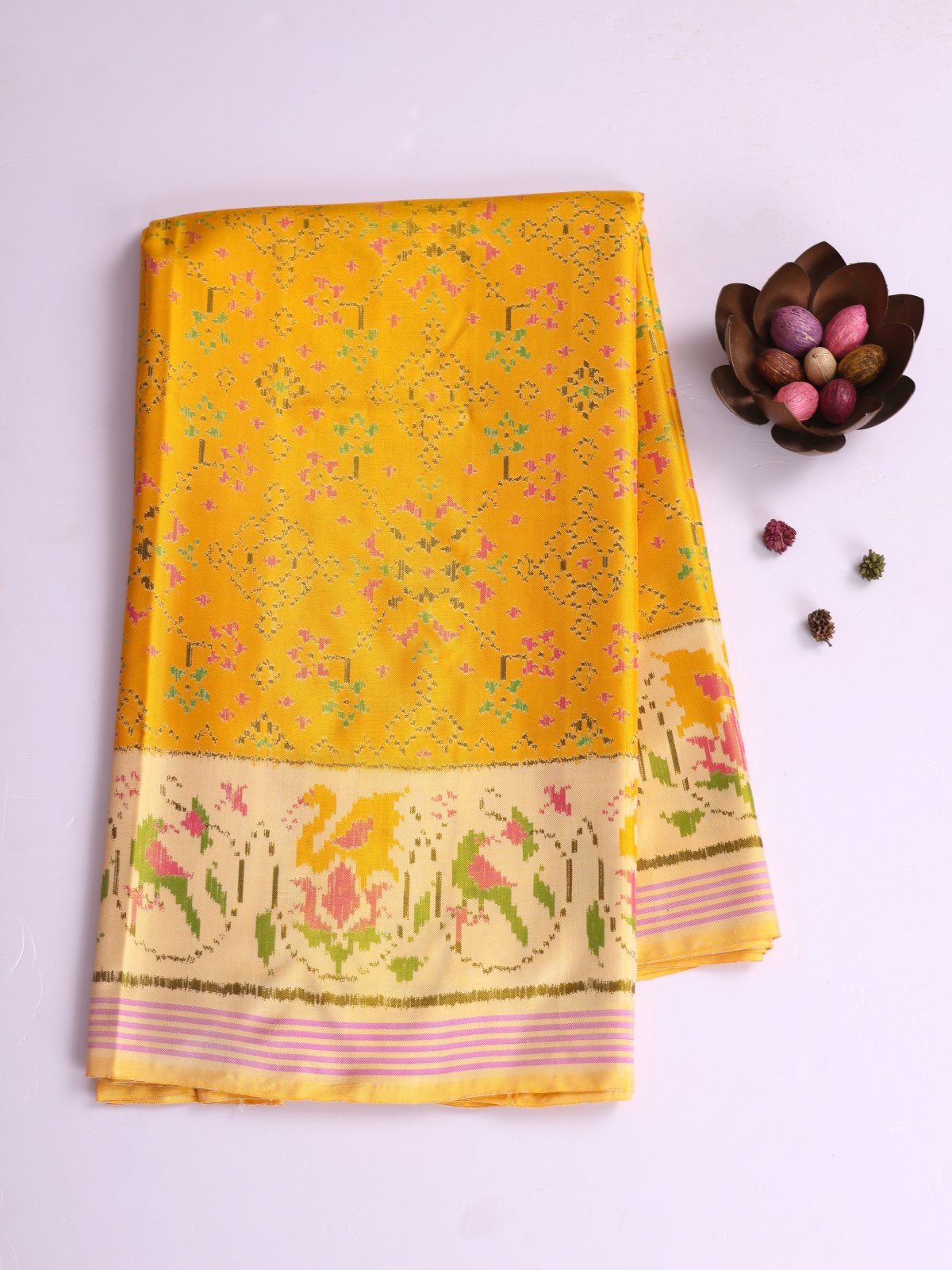 Yellow Patola Silk Saree With Beige Border