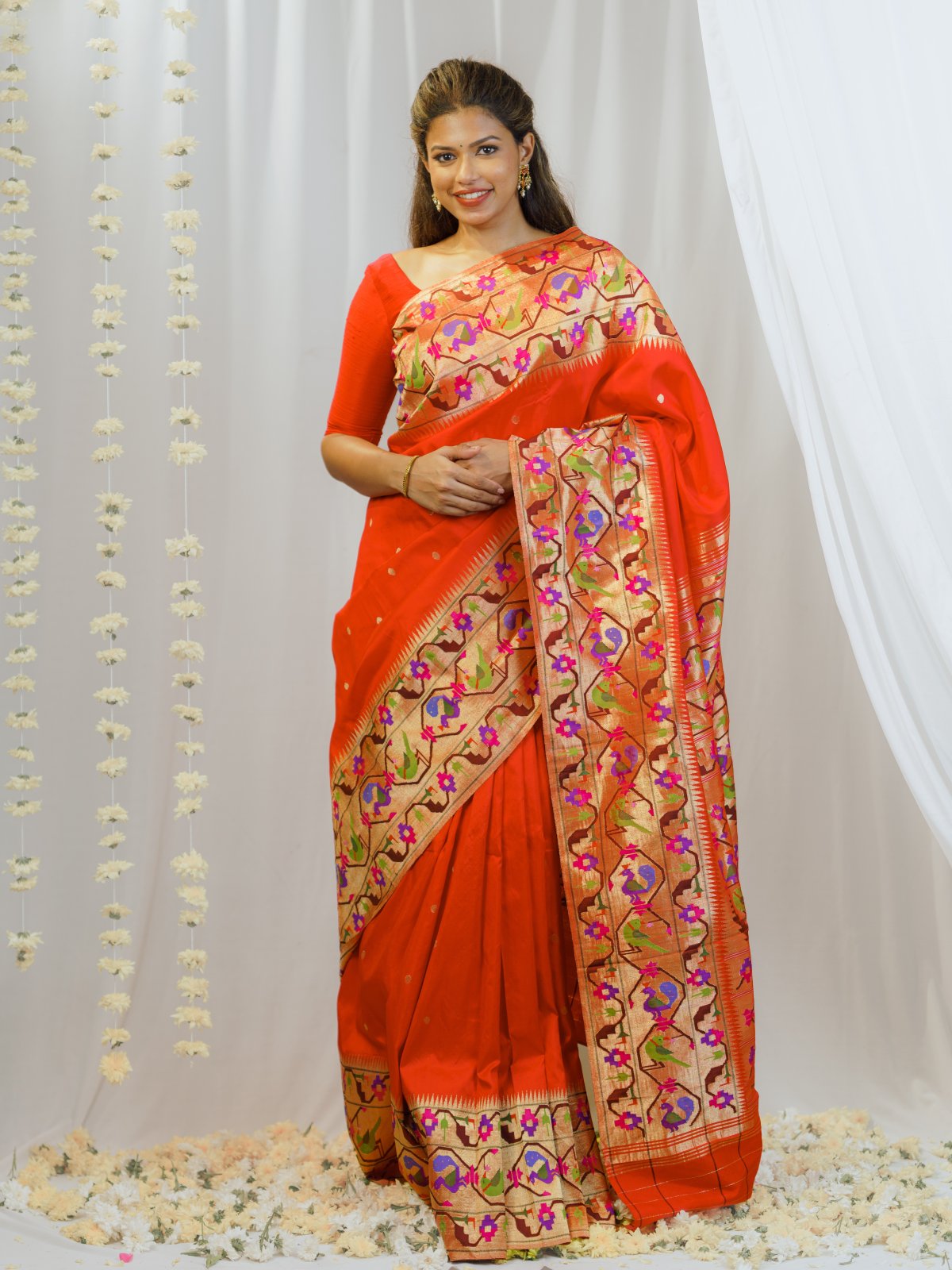 Bright Orange Paithani Silk Saree 