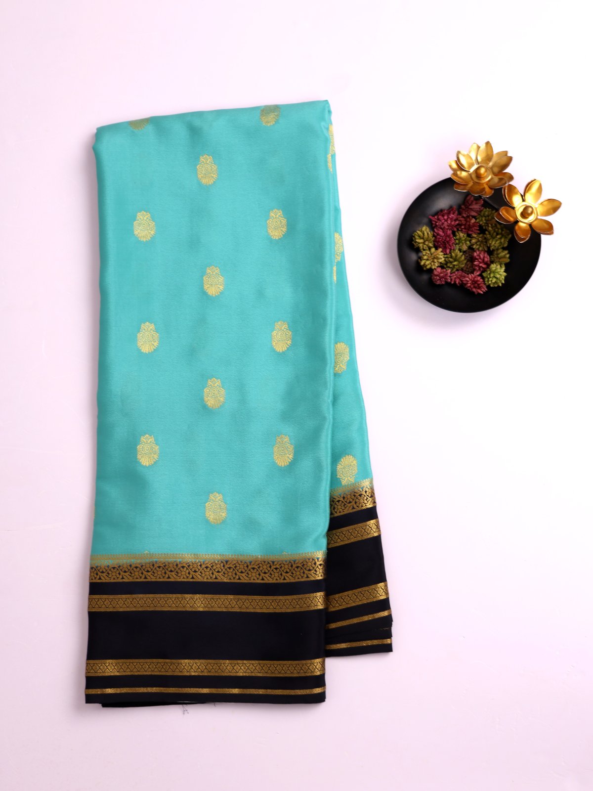 Greenish Blue Mysore Silk Saree With Black Zari Border