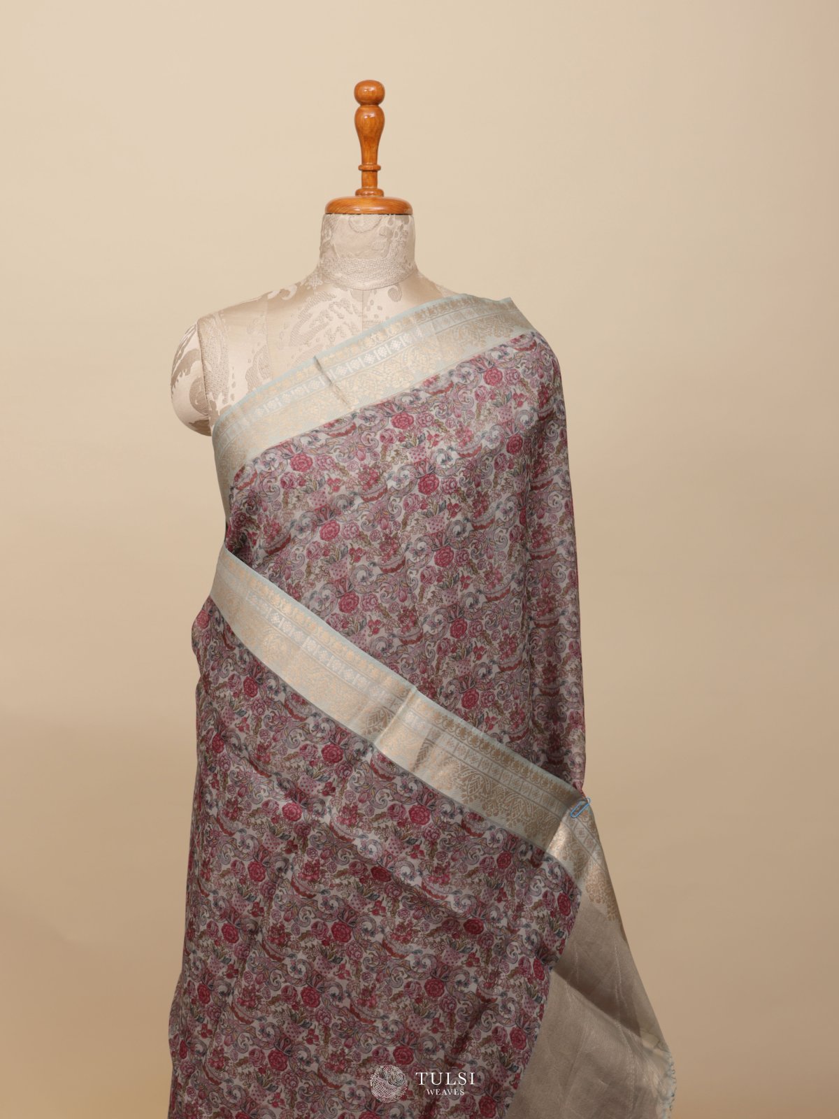 Light Blue Floral Printed Organza Silk Saree