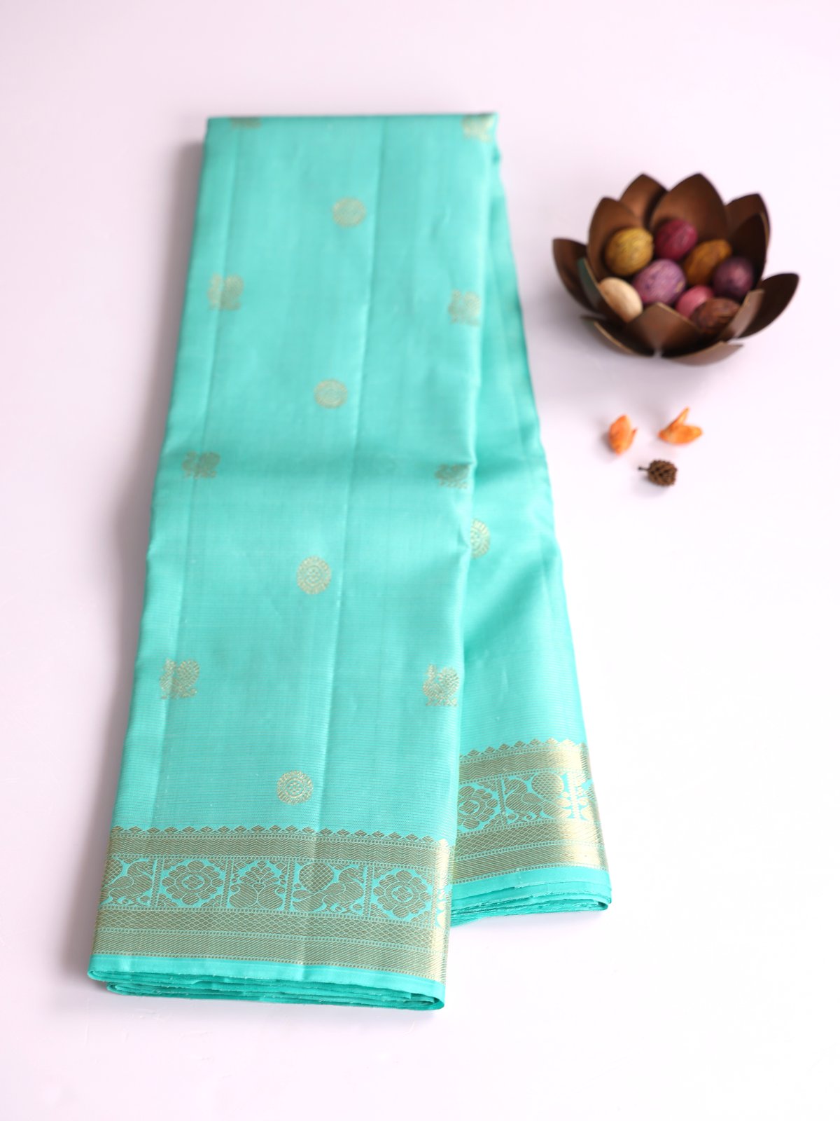 Light Turquoise Zari Striped Kanjeevaram Silk Saree With Zari Border