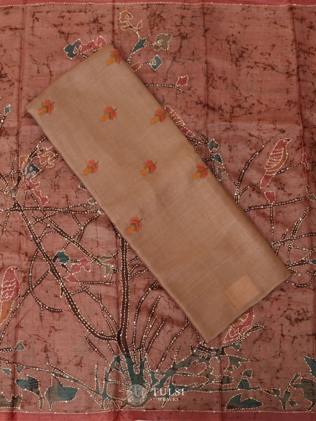 Light Brown Tussar Salwar Material With Batik Dupatta