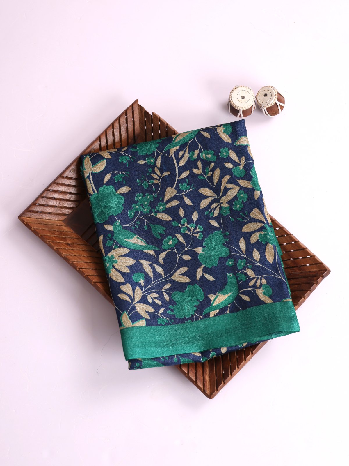 Blue Printed Tussar Silk Saree With Teal Green Border