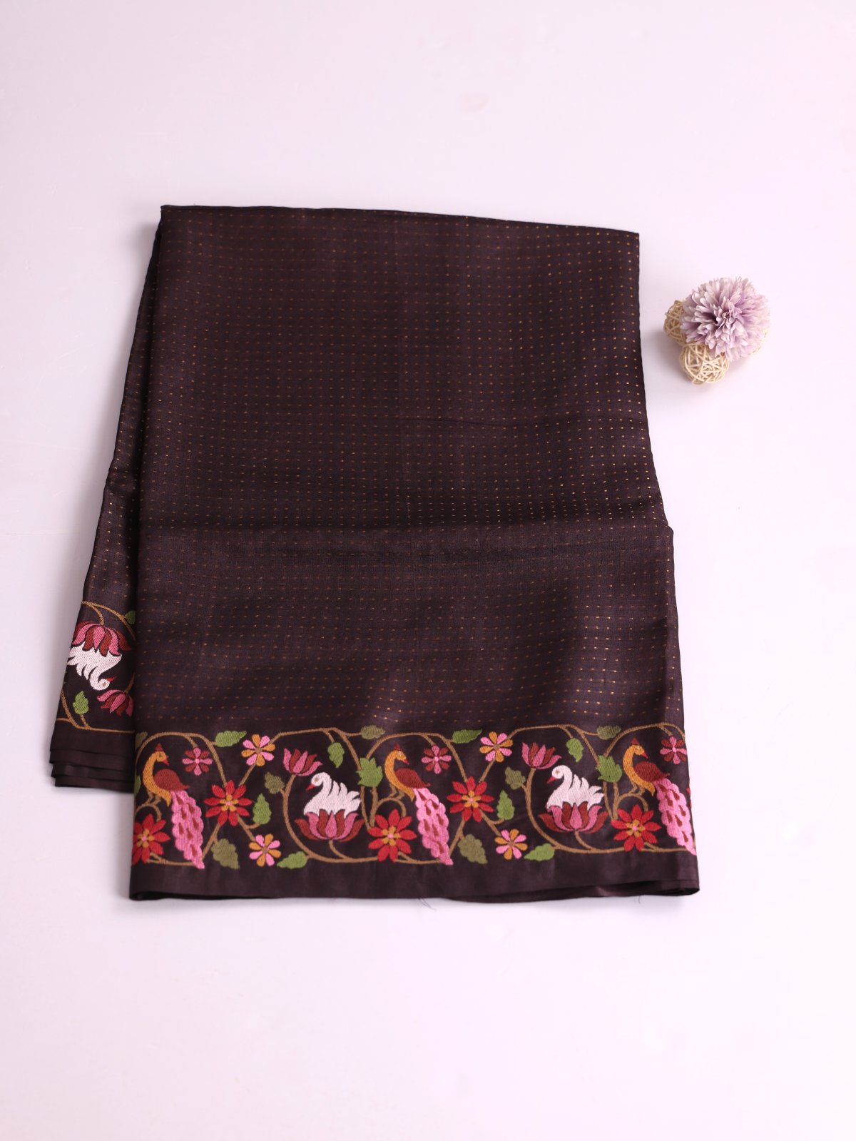 Dark Brown Tussar Silk Saree With Embroidered Border
