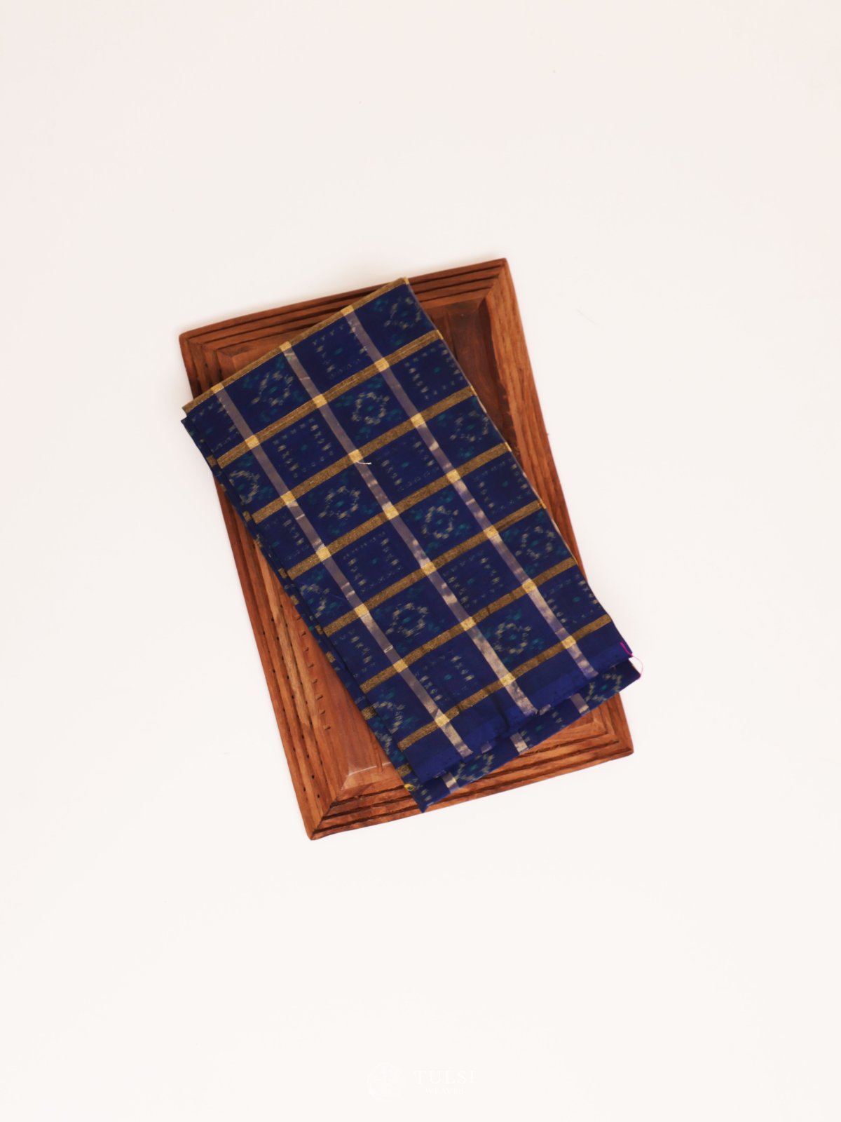 Navy Blue Ikat Silk Blouse with Zari Checks