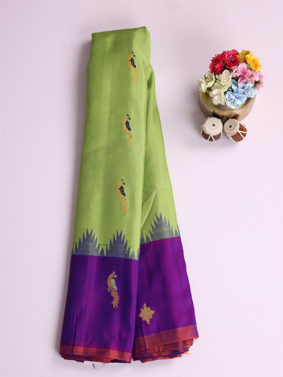 Parrot Green Gadwal Silk Saree With Magenta Border