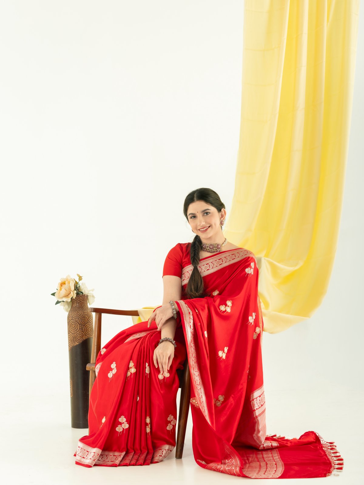 Red Mashru Silk Saree with Self Zari Border