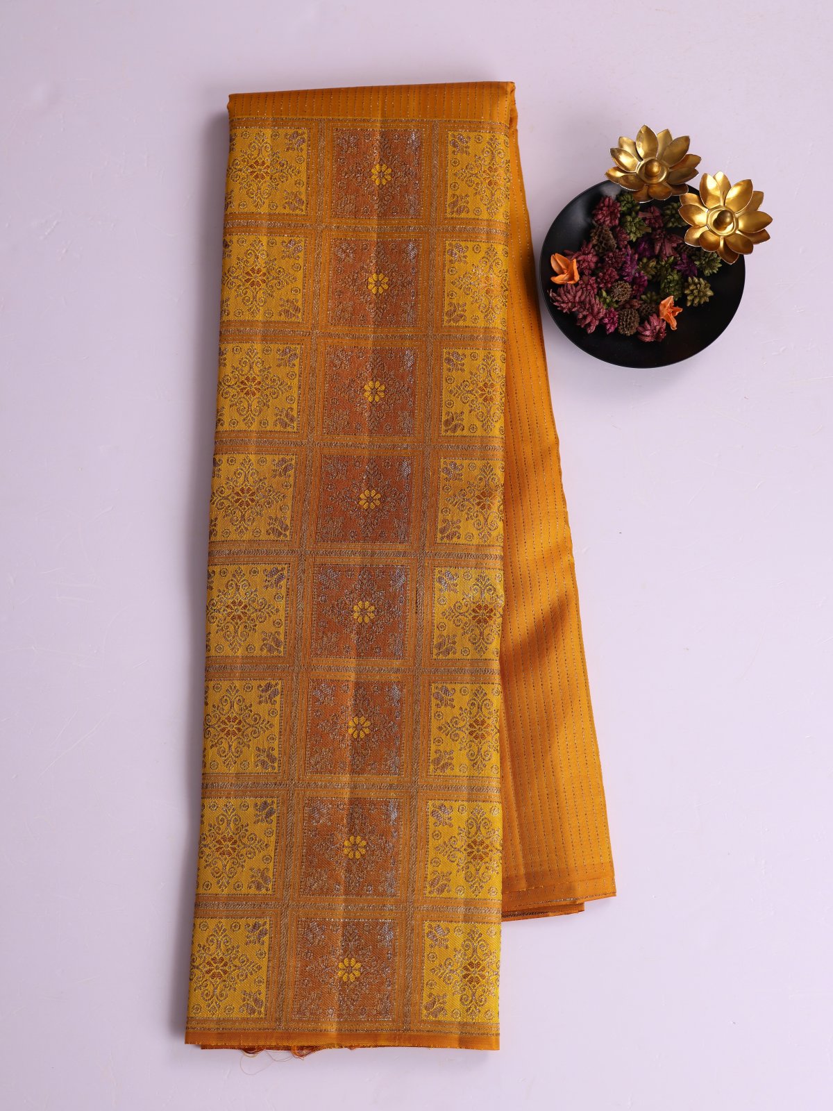 Mustard Yellow Half And Half Kanjeevaram Silk Saree