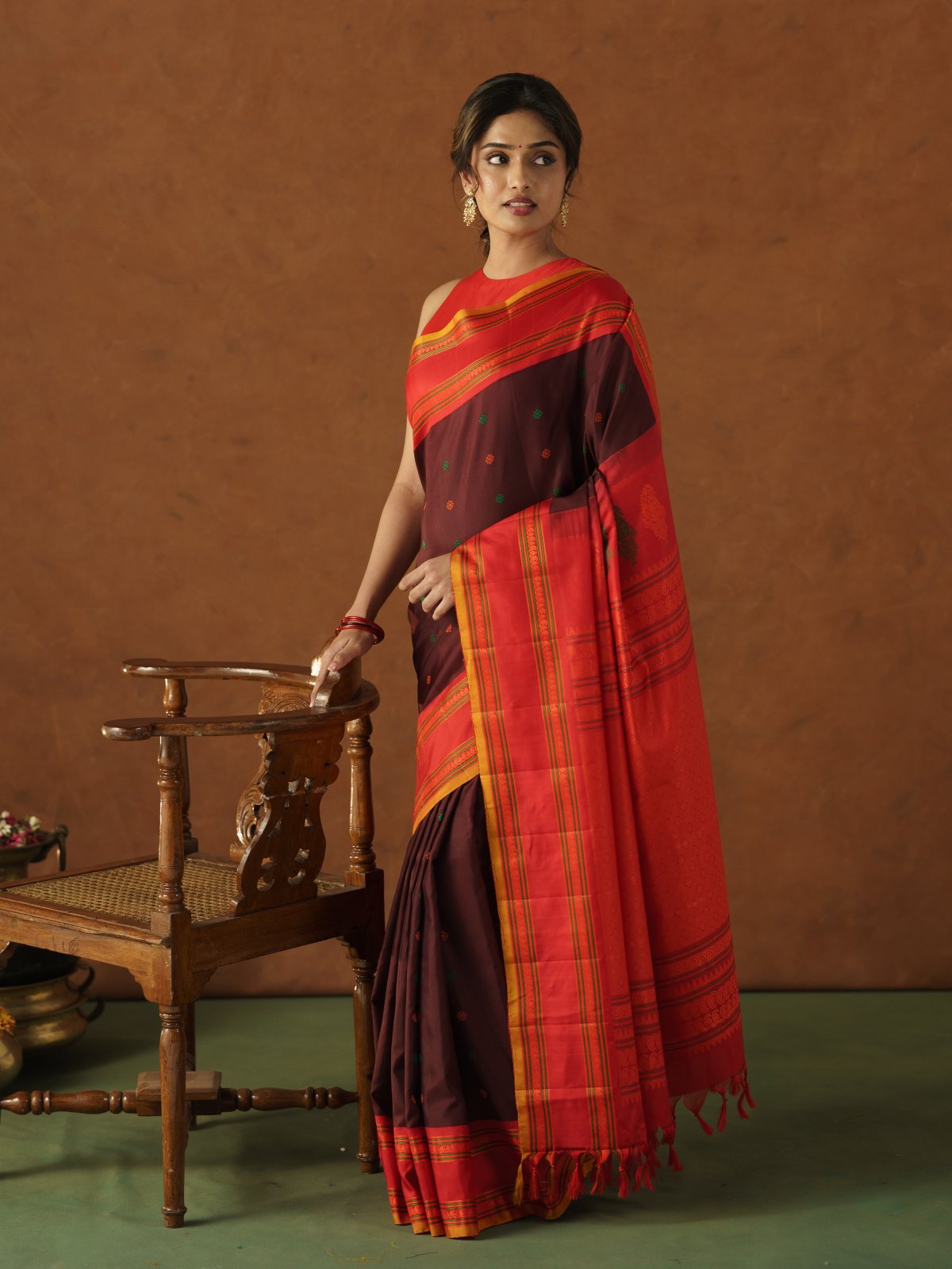 Dark Brown Gadwal Silk Saree with Red Border