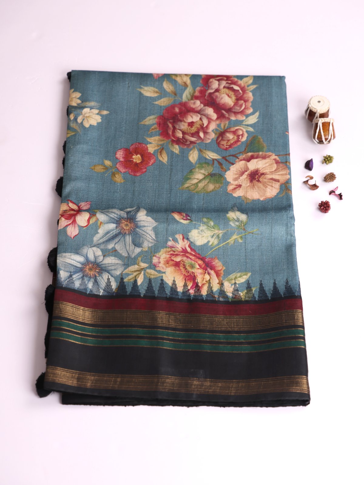 Greyish Blue Printed Tussar Silk Saree With Black Border