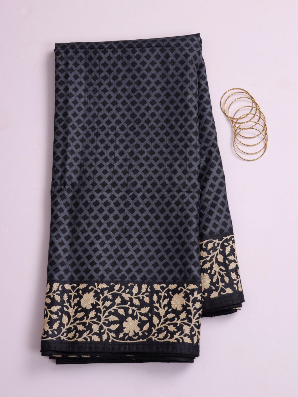 Dark Bluish Grey Printed Tussar Silk Saree With Kantha Embroidery