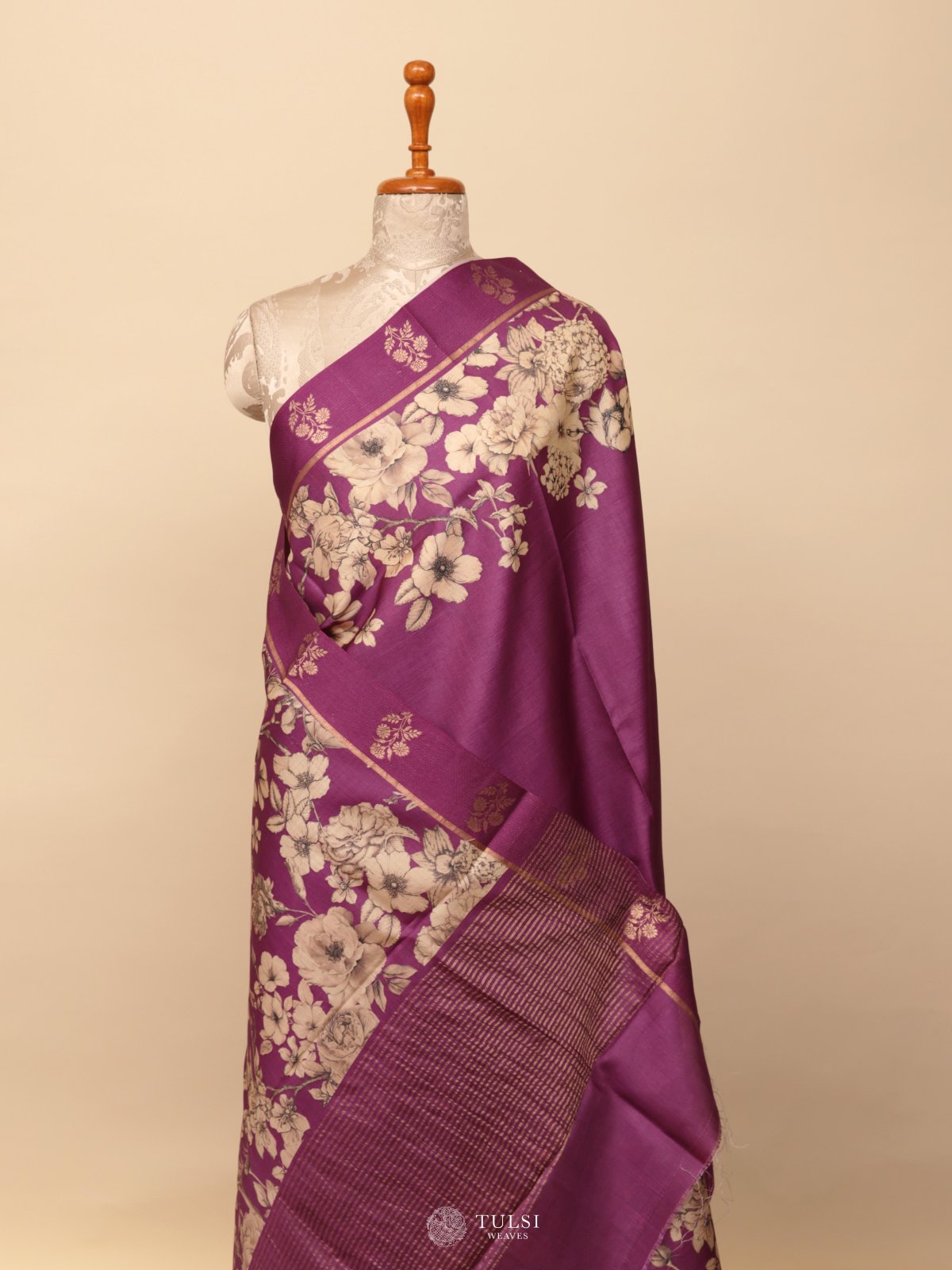 Purple Printed Tussar Silk Saree