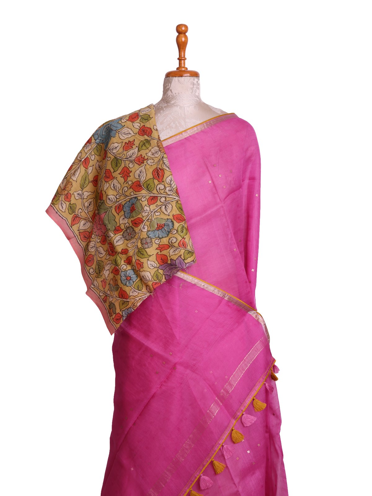 Pink Organza Silk Saree with Kalamkari Blouse