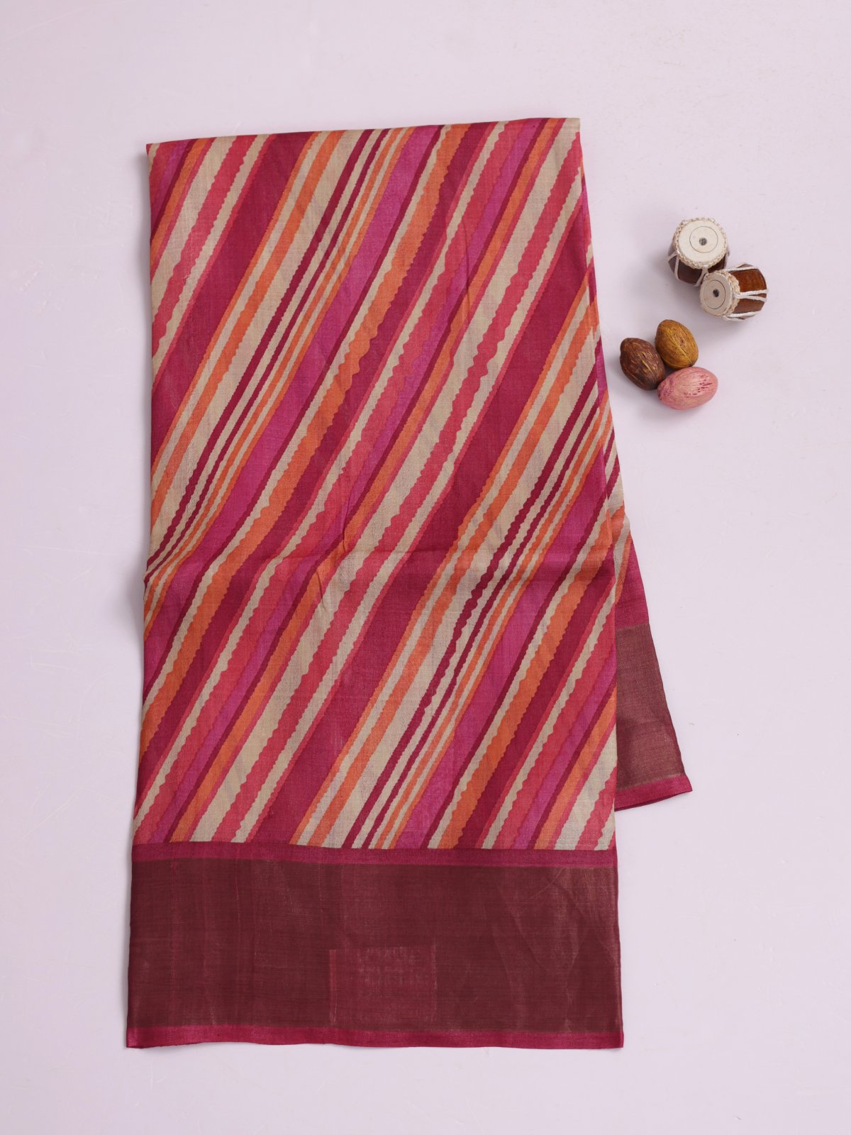 Multicolor Striped Printed Tussar Silk Saree With Reddish Pink Tissue Border