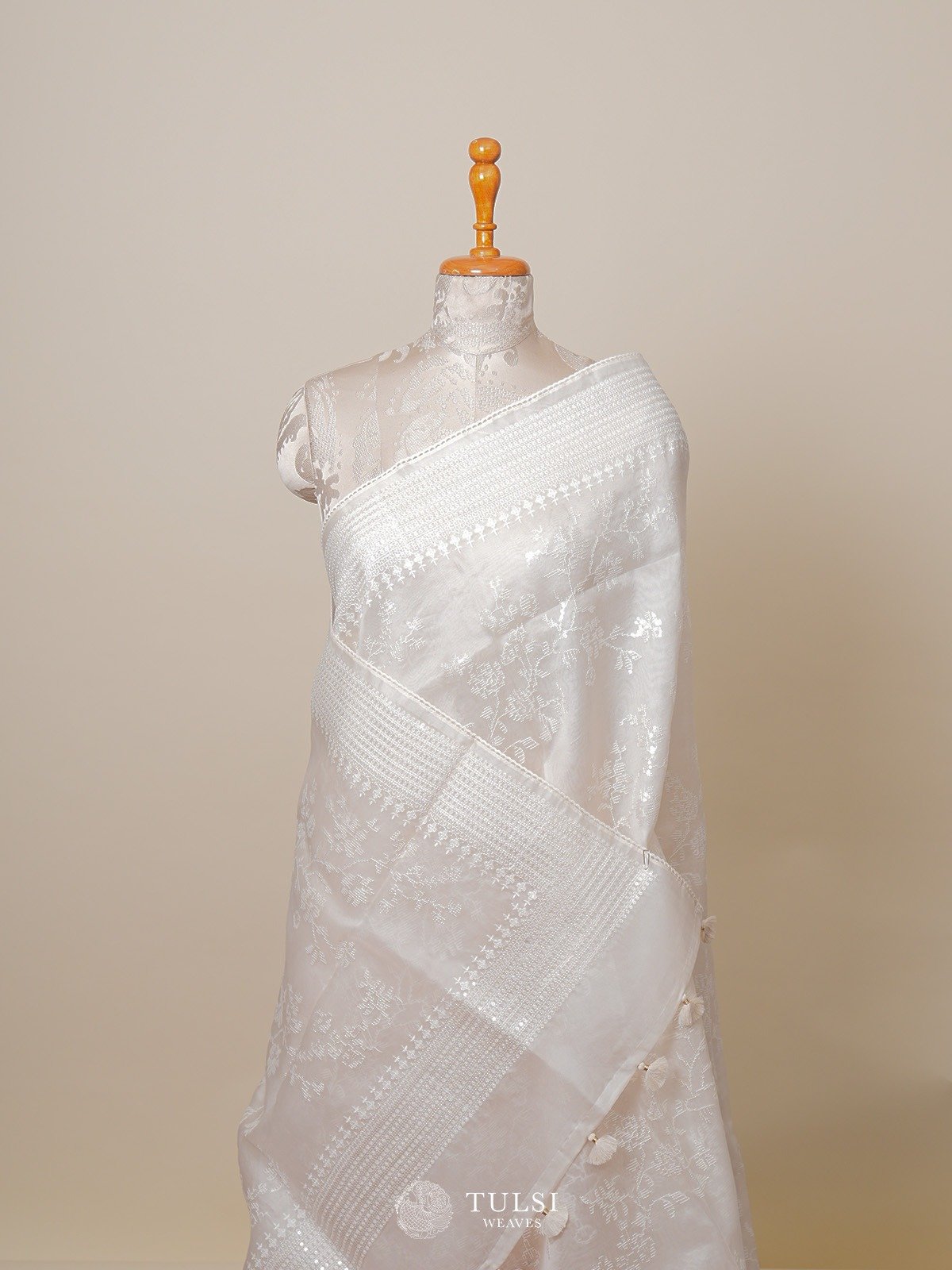 White Organza Saree With Floral Embroidery