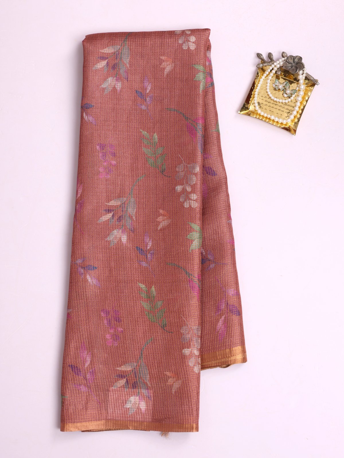Dusty Pink Zari Checked Printed Tussar Silk Saree