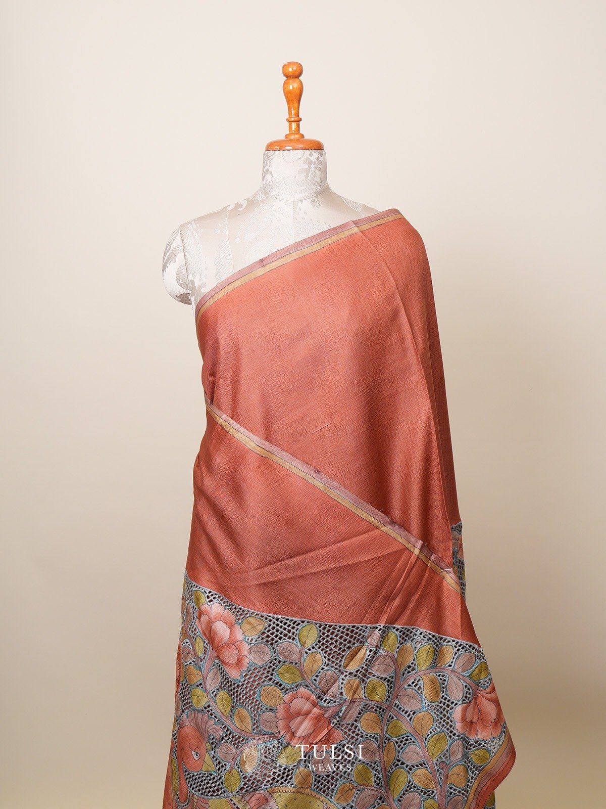 Rusty Brown Tussar Silk Saree With Raising Border