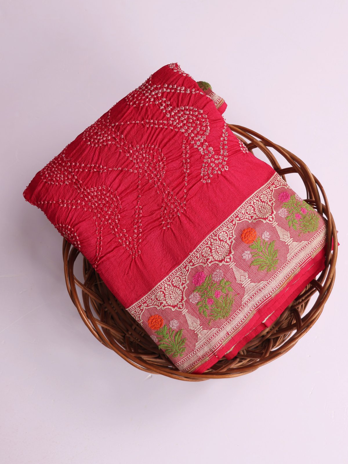 Pinkish Red Bandhini Tussar Georgette Silk Saree With Meenakari Border