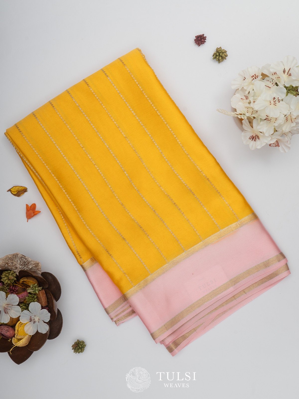 Yellow Mysore Silk Saree with Pink Satin Border