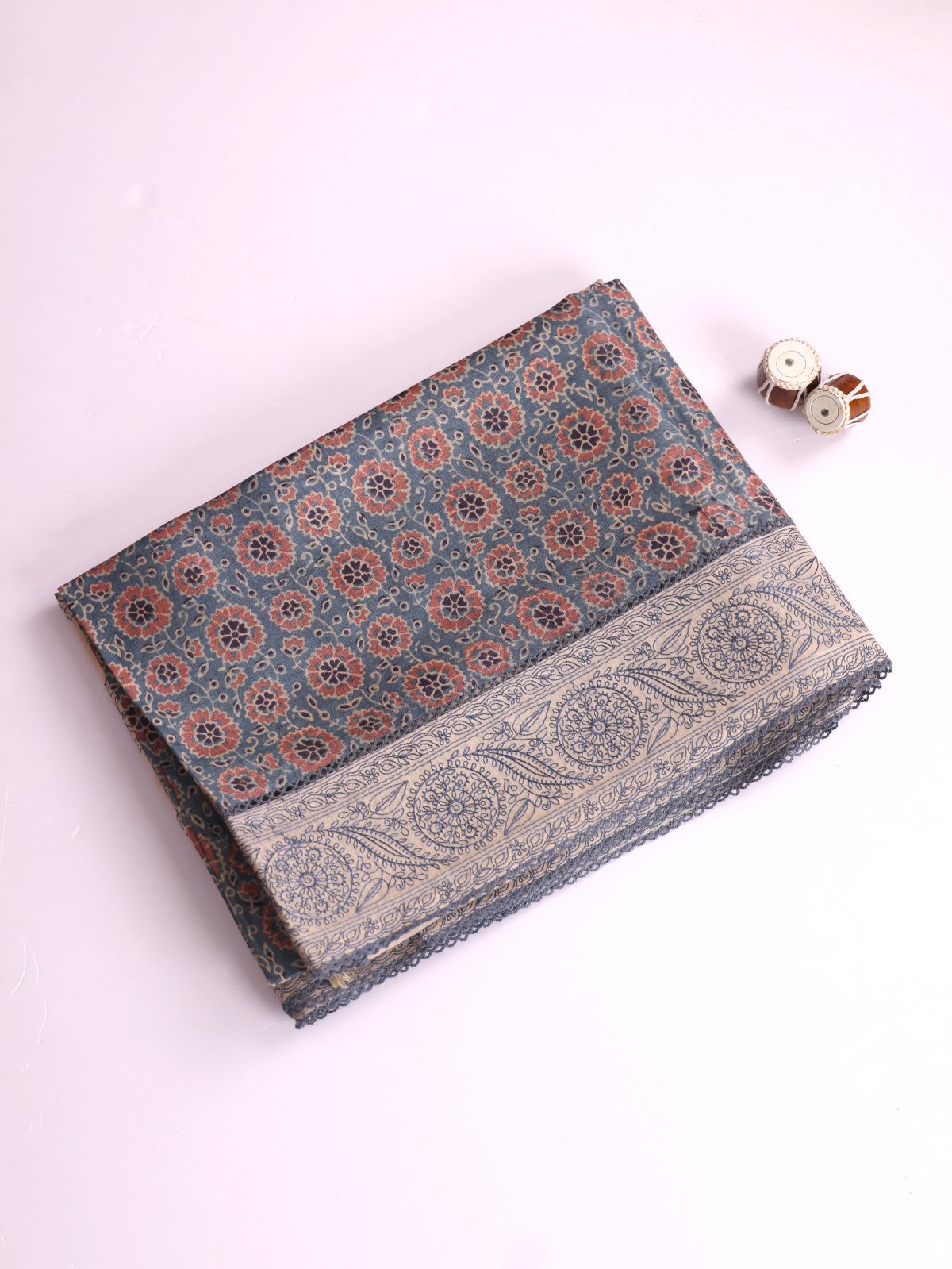 Greyish Blue Printed Munga Tussar Silk Saree With Embroidered Border