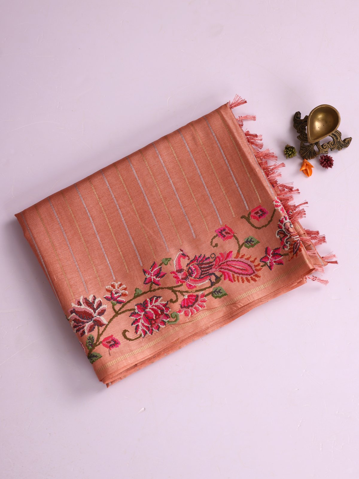 Peach Zari Striped Semi Tussar Silk Saree With Cross-Stitch Embroidery