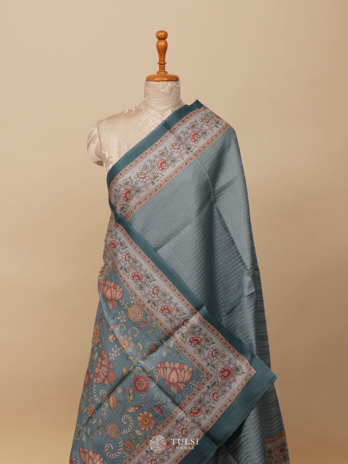 Light Blue Printed Tussar Silk Saree