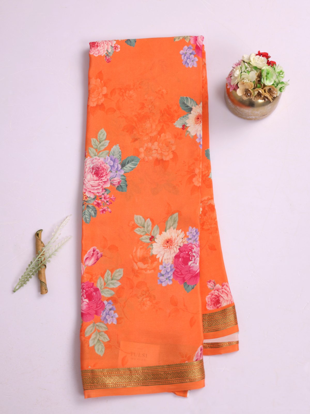 Orange Printed Mysore Crepe Silk Saree With Zari Border 